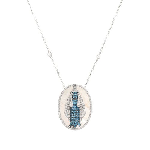 Colar Nossa Senhora das Graças com Madre-Pérola, Zircônia Azul Escuro e Zircônias Brancas - 50cm - Banho de Ródio Branco