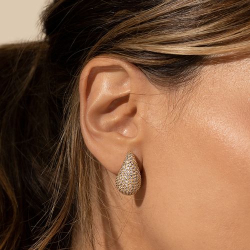 Brinco Gota Pera Cravejada com Zircônia Branca - Banho de Ouro 18k