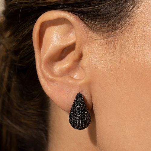Brinco Gota Pera Cravejado com Zircônias Negras - 20mm - Banho de Ródio Negro