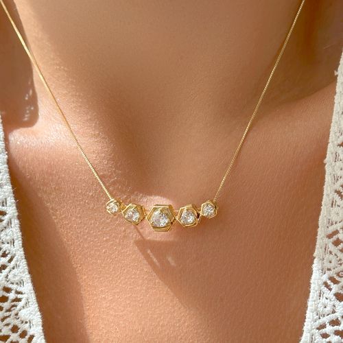 Colar Hexagono Zircônias Brancas 56cm - Banho de Ouro 18k