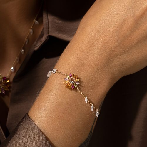 Pulseira Flor 16mm com Cristal Morganita Cristal Turmalina Rosa Cristal Citrino e Zircônias Brancas 18cm - Banho de Ouro 18k
