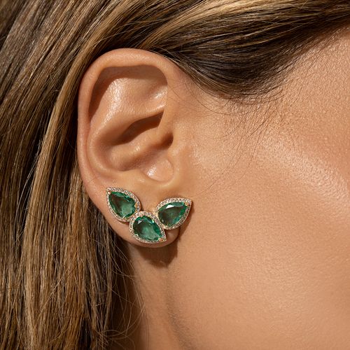 Brinco Earcuff 3 Gotas Cravejadas De Cristal Paraiba e Zircônias Brancas - Banho de Ouro 18k