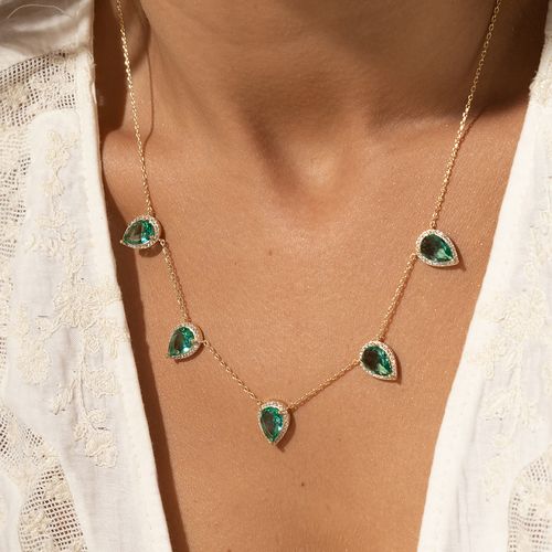Colar 5 Gotas Cravejadas de Cristal Paraiba e Zircônias Brancas 50cm - Banho de Ouro 18k