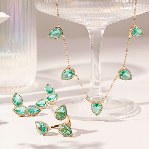 Colar 5 Gotas Cravejadas de Cristal Paraiba e Zircônias Brancas 50cm - Banho de Ouro 18k