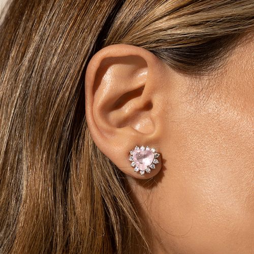 Brinco Coração Fusion Quartzo Rosa Com Zircônias Brancas - Prata 925