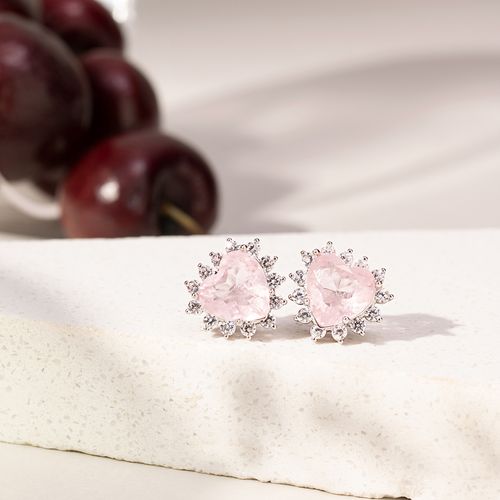 Brinco Coração Fusion Quartzo Rosa Com Zircônias Brancas - Prata 925