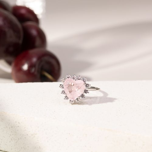 Anel Coração Fusion Quartzo Rosa Com Zircônias Brancas - Prata925