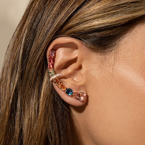 Brinco Earcuff Ovais e Gota de Cristal Rodolita, Cristal Safira, Cristal Morganita - Banho de Ouro 18K