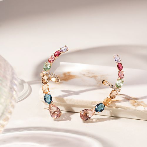Brinco Earcuff Ovais e Gota de Cristal Rodolita, Cristal Safira, Cristal Morganita - Banho de Ouro 18K