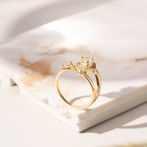 Anel Haxagono Aberto de Zircônias Brancas - Banho de Ouro 18k