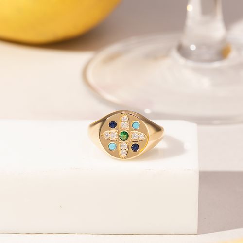 Anel Dedinho Mandala de Estrela Com Nano Turquesa Cristal Safira Cristal Esmeralda e Zircônias Brancas - Banho de Ouro 18k