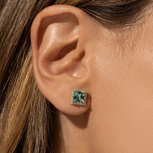 Conjunto Quadrado Cravejado de Cristal Paraiba e Zircônias Brancas (Brinco + Colar) 50cm - Banho de Ouro 18k