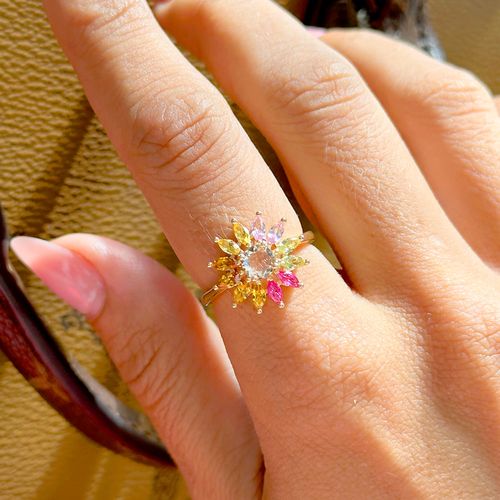 Anel flor 16mm com Cristal Morganita Cristal Turmalina Cristal Citrino - Banho de Ouro 18k