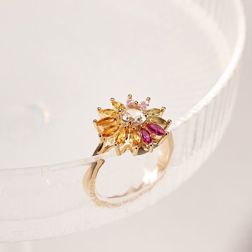 Anel flor 16mm com Cristal Morganita Cristal Turmalina Cristal Citrino - Banho de Ouro 18k