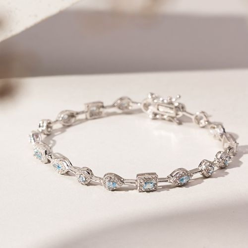 Pulseira Riviera Formas Cristal Diamond Blue com Zircônias Brancas 17cm - Prata 925