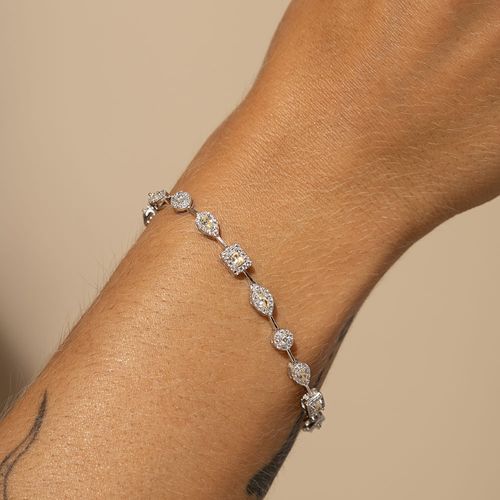 Pulseira Riviera Formas Cristal Diamond Lemon com Zircônias Brancas 17cm - Prata 925