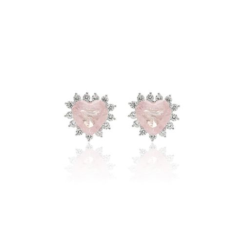 Brinco Coração Fusion Quartzo Rosa Com Zircônias Brancas - Prata 925