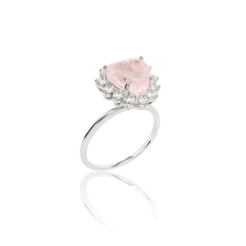 Anel Coração Fusion Quartzo Rosa Com Zircônias Brancas - Prata925