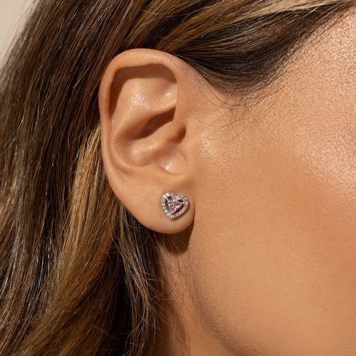 Brinco Coração Zircônias Diamond Pink Zirconias Brancas - Prata 925