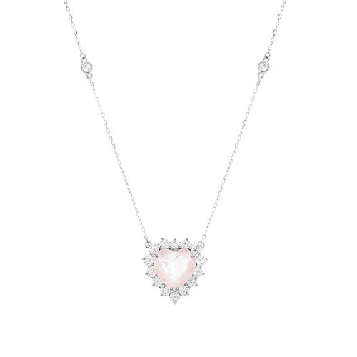 Colar Coração Fusion Quartzo Rosa 20mm Com Zircônias Brancas 50cm - Prata925