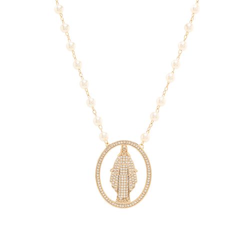 Colar Medalha de Nossa Senhora Das Graças com Pérolas Coreanas e Zircônias Brancas 48cm - Banho de Ouro 18K