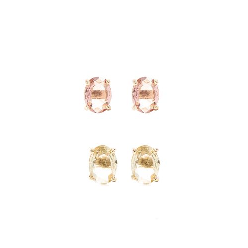 Brinco Oval 6x8 Com Cristal Berilo e Cristal Rodolita Kit com 2 Pares - Banho de Ouro 18K