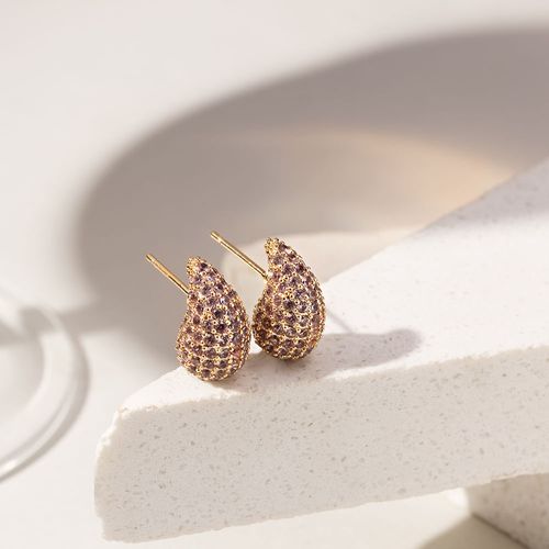 Brinco Gota Pera Cravejada com Zircônias Diamond Pink 14mm - Banho de Ouro 18k