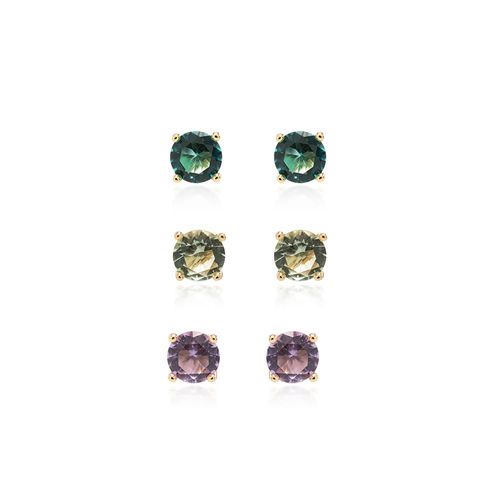 Brinco Top Redondo com Cristal Ametista, Cristal Ametista Verde e Cristal Paraiba 6mm Kit com 3 Pares - Banho de Ouro 18K