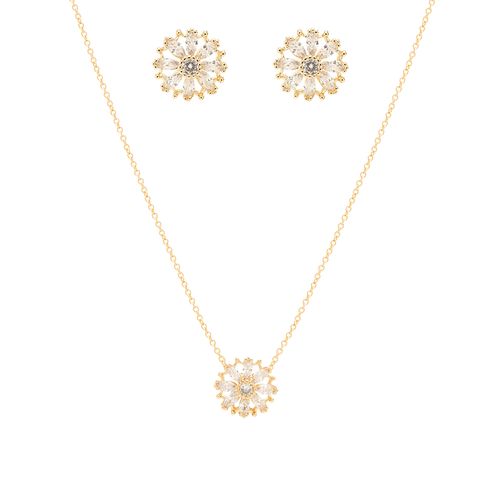 Conjunto Florzinha de Zircônias Brancas (Brinco + Colar) 45cm - Banho de Ouro 18k