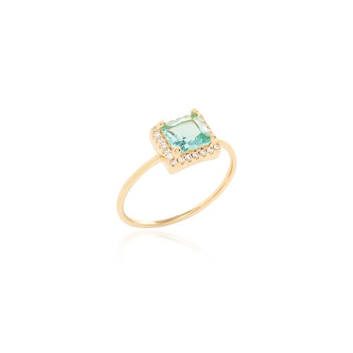 Anel Quadrado Cristal Paraiba Cravejado de Zircônias Brancas - Banho de Ouro 18k