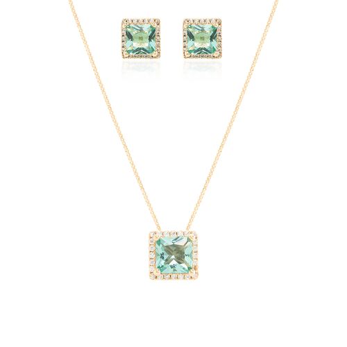 Conjunto Quadrado Cravejado de Cristal Paraiba e Zircônias Brancas (Brinco + Colar) 50cm - Banho de Ouro 18k