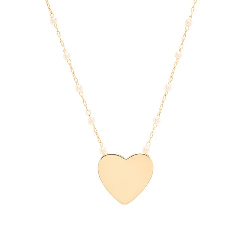 Colar Coração Liso com Pérolas Coreanas 48cm - Banho de Ouro 18K