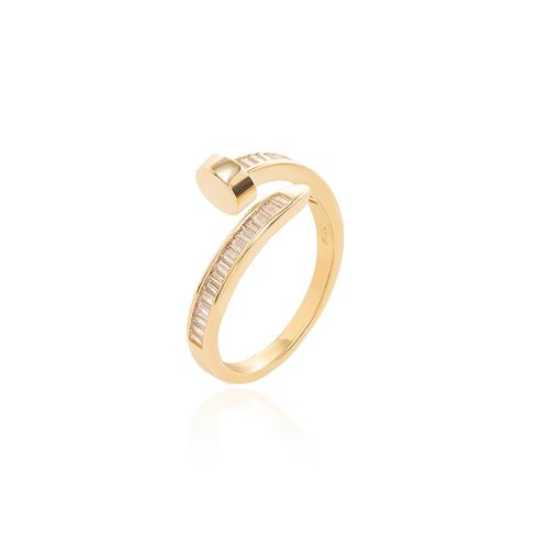 Anel Prego com Zircônias Brancas Baguetes Cravação Trilho - Banho de Ouro 18k