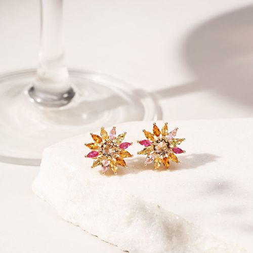 Brinco Flor 16mm Com Cristal Morganita Cristal Turmalina Rosa Cristal Citrino - Banho de Ouro 18k