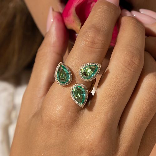 Anel Gotas Cravejadas de Cristal Paraiba e Zircônias Brancas - Banho de Ouro 18k