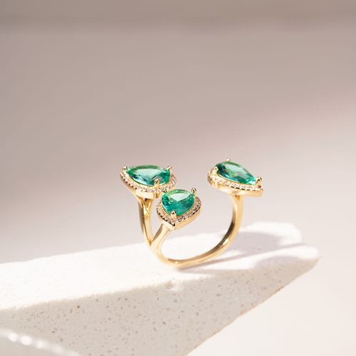 Anel Gotas Cravejadas de Cristal Paraiba e Zircônias Brancas - Banho de Ouro 18k