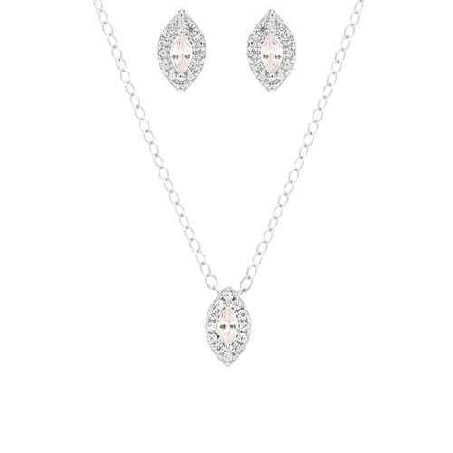 Conjunto Mini Ponto de Luz Navete de Cristal Diamond Pink Zircônias Brancas 45cm - Prata 925