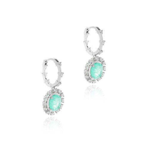 Brinco Argola com Pingente Oval de Fusion Turmalina com Zircônias Brancas - Banho de Ródio Branco