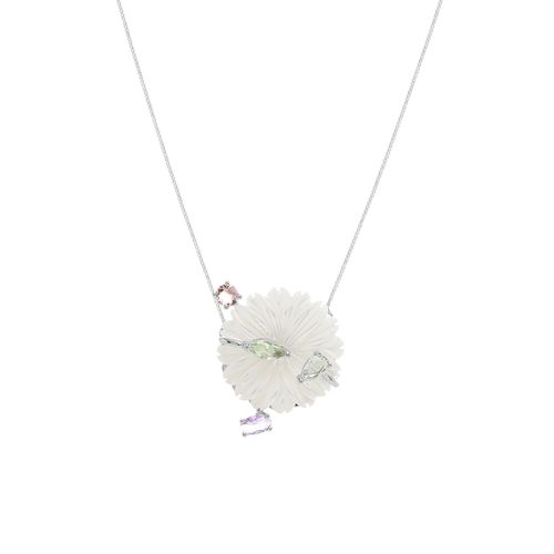 Colar Flor de Madrepérola com Cristal Tanzanita, Cristal Ametista Verde e Cristal Turmalina Rosa 52cm -  Banho de Ródio Branco