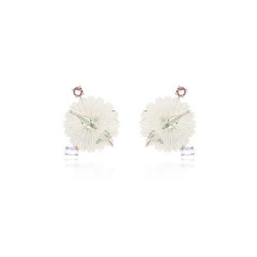 Brinco Flor de Madrepérola com Cristal Tanzanita, Cristal Ametista Verde e Cristal Turmalina Rosa -  Banho de Ródio Branco