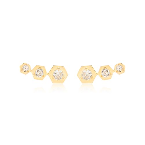 Brinco Earcuff Hexagono de Zircônias Brancas - Banho de Ouro 18k