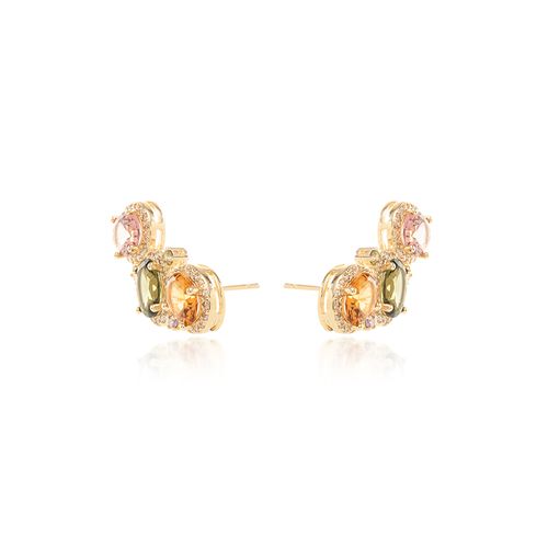 Brinco Earcuff Ovais de Cristal Peridoto, Cristal Citrino, Cristal Rodolita com Zircônias Brancas - Banho de Ouro 18K