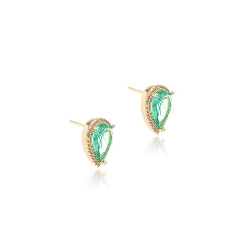 Brinco Gota Cravejada De Cristal Paraiba e Zircônias Brancas - Banho de Ouro 18k