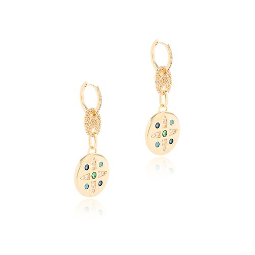 Brinco Argola Click Mandala de Estrela Com Nano Turquesa Cristal Safira Cristal Esmeralda e Zircônias Brancas - Banho de Ouro 18k