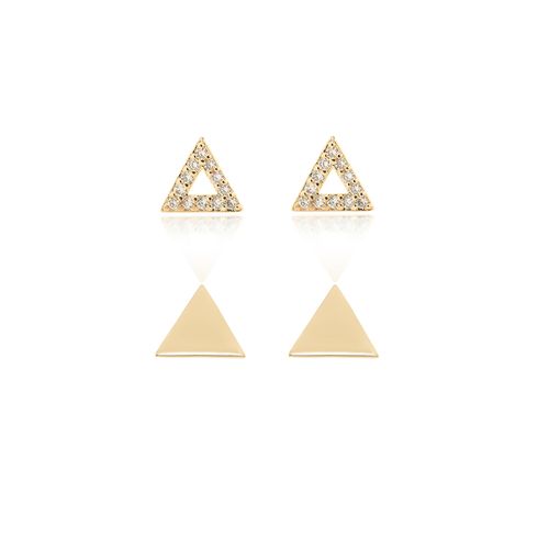 Kit de Brincos Triângulos de Zircônias Brancas e Liso - 2 Pares Banho de Ouro 18k