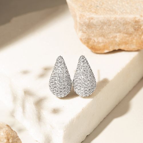 Brinco Gota Pera Cravejado com Zircônias Brancas 17mm - Banho de Ródio Branco
