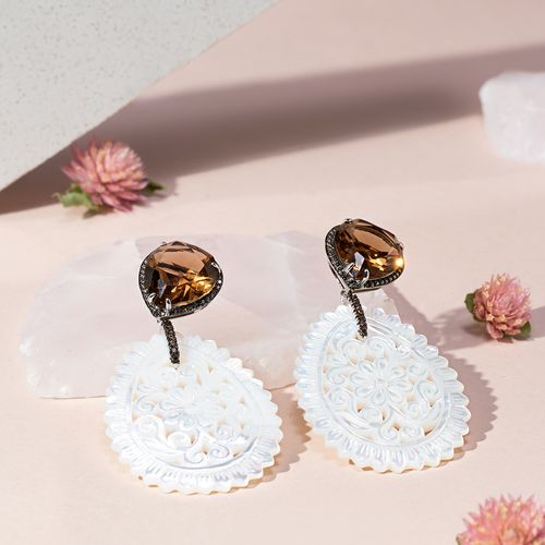 Brinco Gota Com Pingente Bordado Versártil de Cristal Quartzo Fumê e Zircônias Chocolates - Banho de Ródio Branco