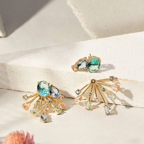 Brinco Oval e Gota Com Cristal Paraiba Cristal Morganita Cristal London Blue - Banho de Ouro 18k