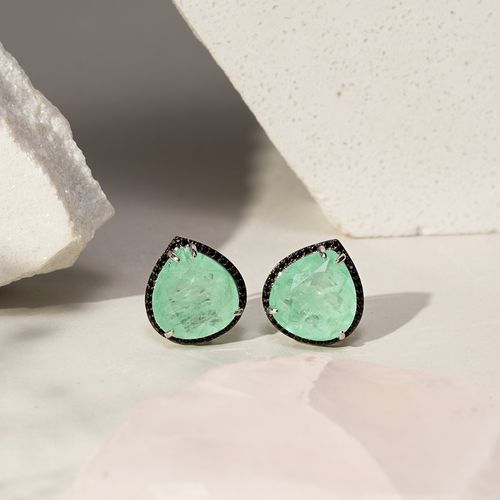 Brinco Pear de Fusion Esmeralda Colombiana e Zircônias Negras - Banho de Ródio Branco