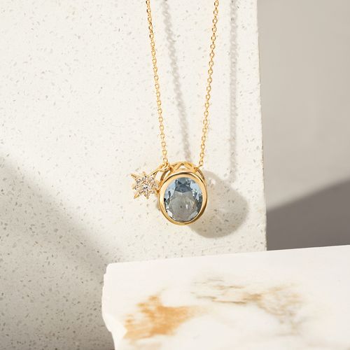 Colar Oval Estrelas de Cristal London Blue e Zircônias Brancas 50cm - Banho de Ouro 18k
